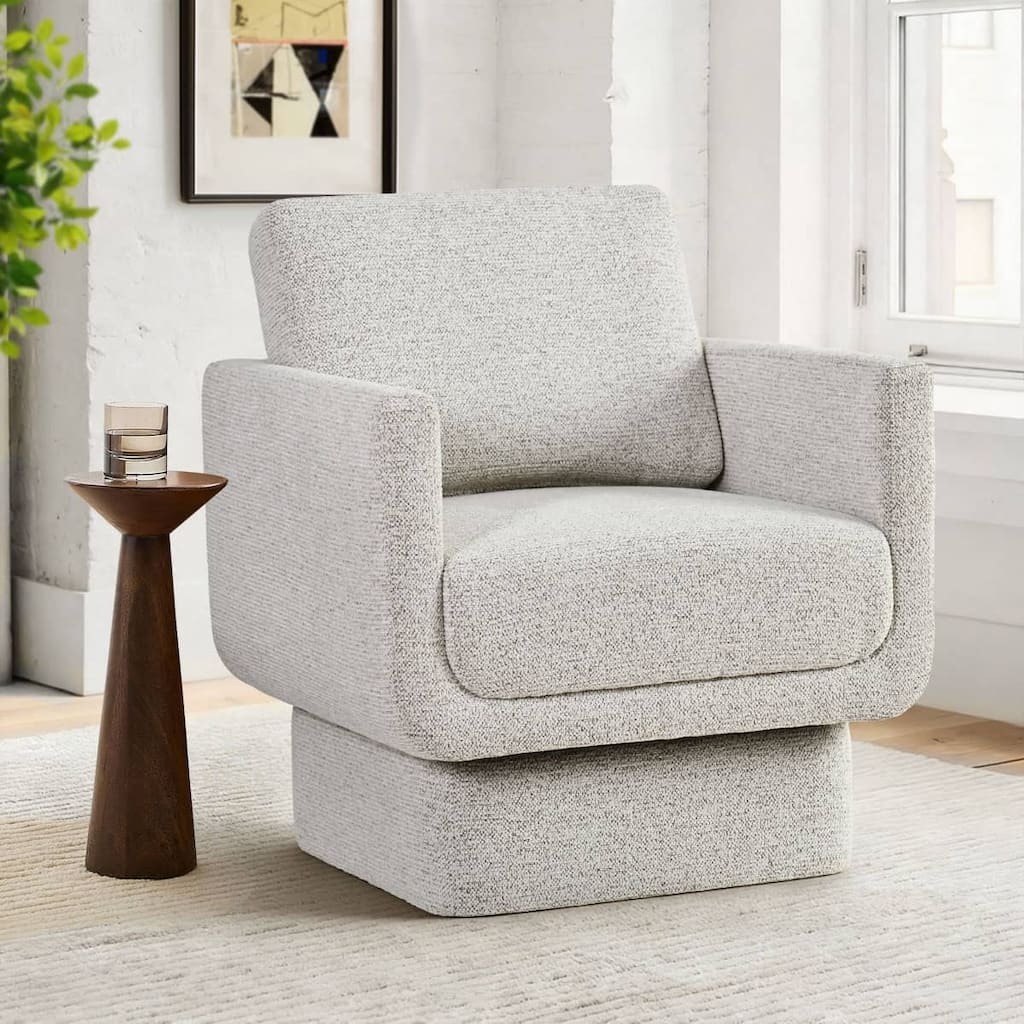 Beige Upholstered Swivel Barrel Accent Chair