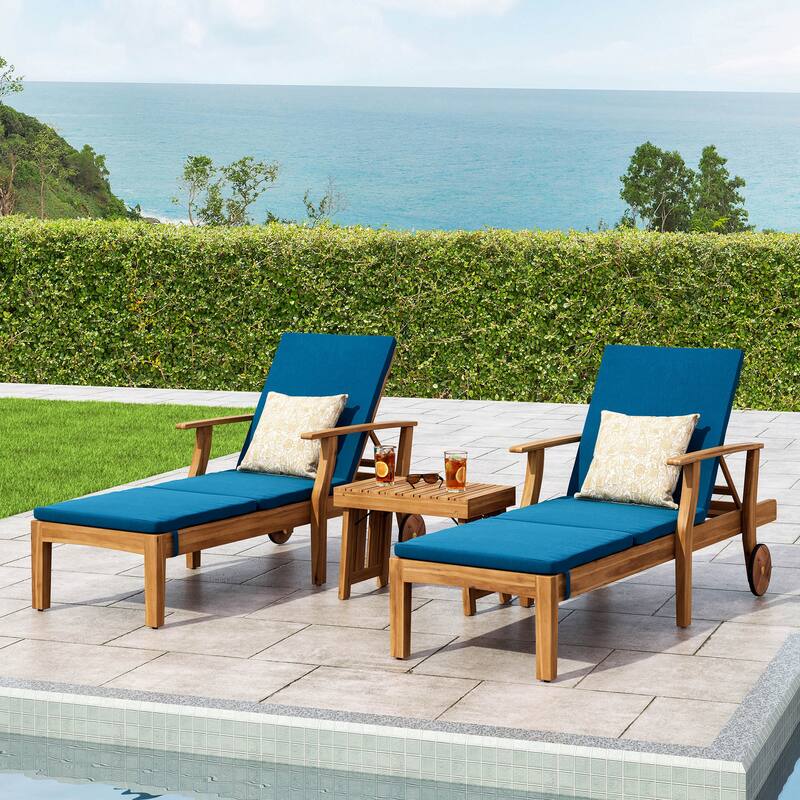 Perla Outdoor Acacia Wood 3 Piece Chaise Lounge Set with Water-Resistant Cushions by Christopher Knight Home