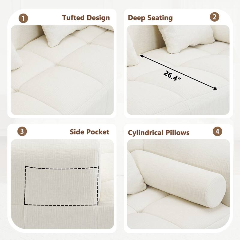 101.2" Modular Sectional Sofa Full-Foam Compressed Couch with Deep Seating Side Pockets Square & Bolster Pillows