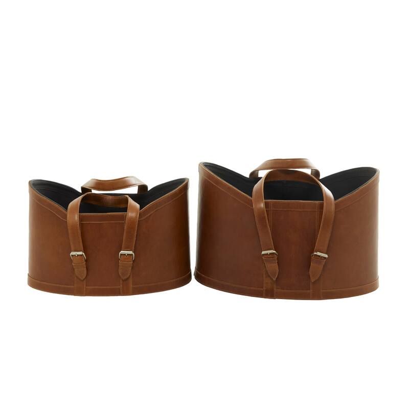 Leather Handmade Storage Basket with Handles - Set of 2 Dark Blue or Brown - Roche River Decor - Brown