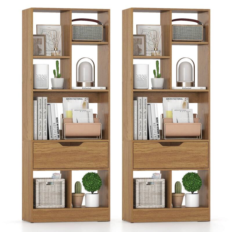 Costway 1 PCS 51” Tall Bookcase with Drawer 7 Open Cubes Anti-toppling - See Details - Natural-2 PCS