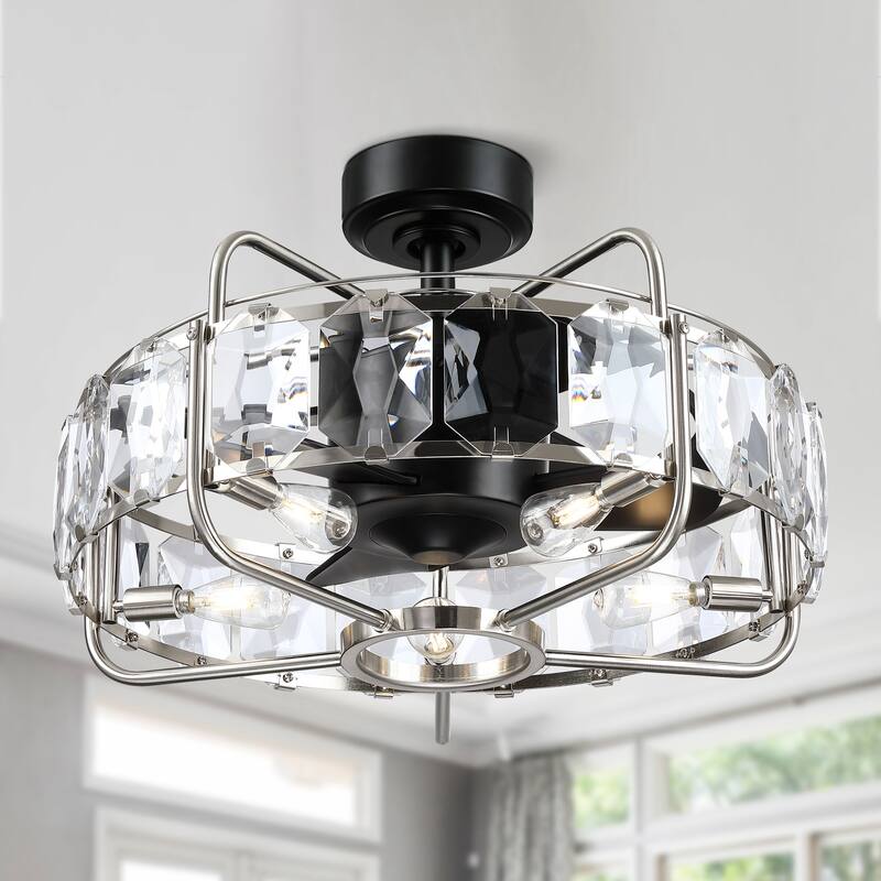 23" Modern 3-Blade Crystal Caged Chandelier Ceiling Fan with Remote - Matte black