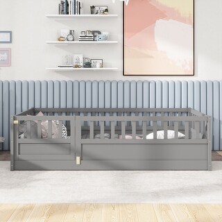 Twin Floor Bed Frame with Guardrails and Entryway Door Wooden Montessori Style Play