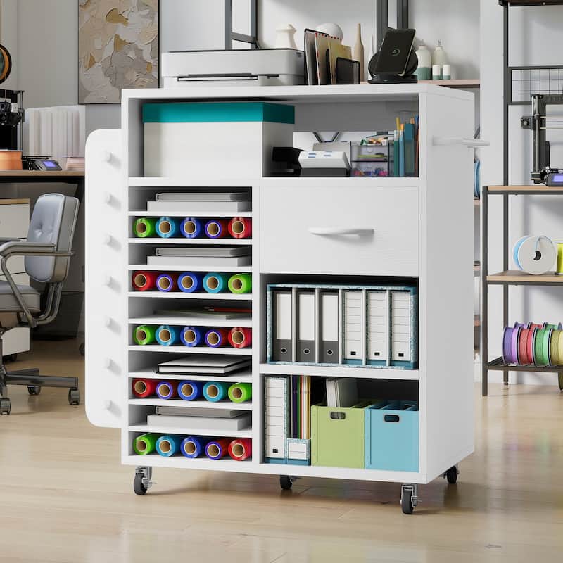 Moasis Craft Organizer Storage Cart with Power Outlet And Adjustable Shelves - White