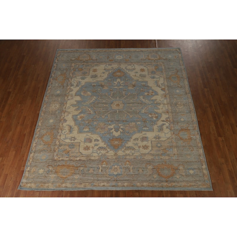 Hand Knotted Oriental 100% Wool Carpet Transitional Floral Navy Blue & Blues Oushak Area Rug - 9' 8'' X 8' 7''
