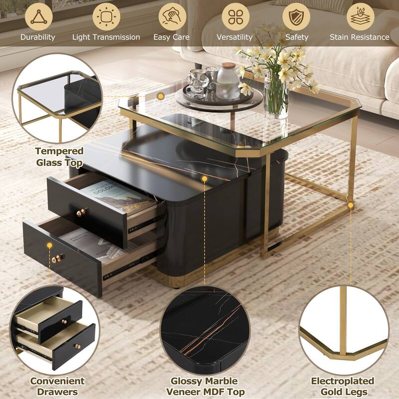 Modern 2 Pieces Square Nesting Coffee Table with Drawers