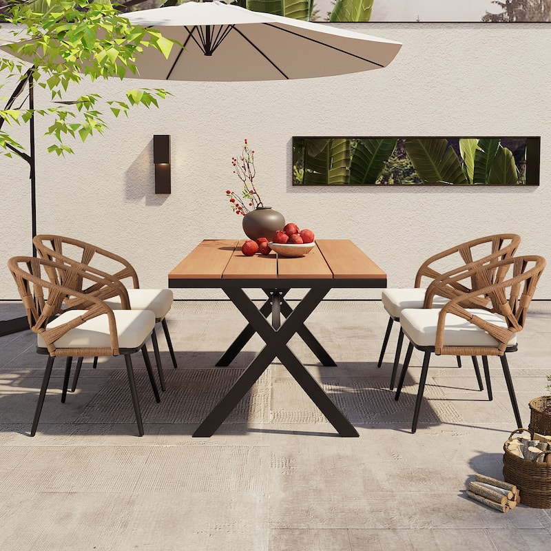 Outdoor PE Rattan Chairs with Plastic Wood Table for Garden (Set of 5)