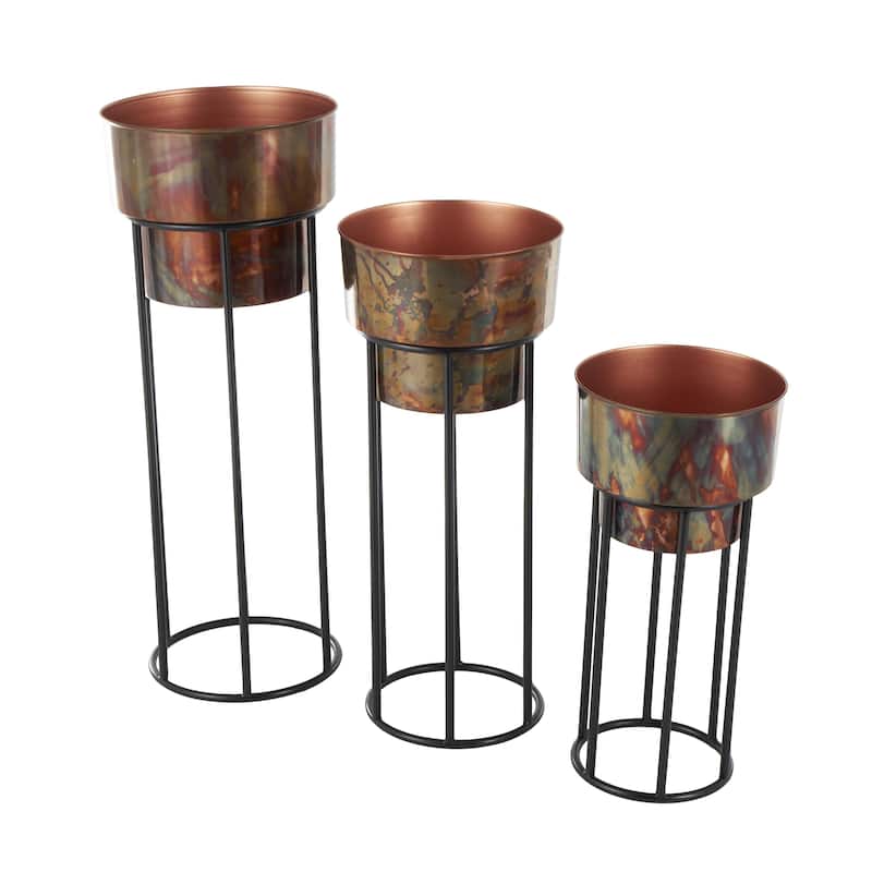 Metal Nesting Indoor Outdoor Planter with Tall Black Stands - Set of 3 Copper - Roche River Decor