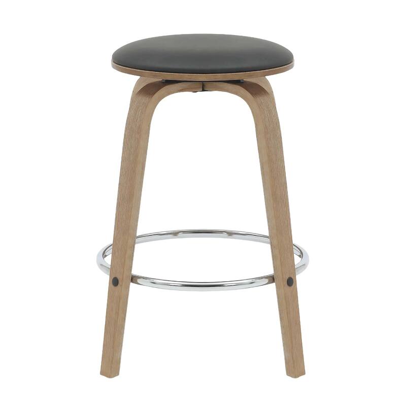 Pelya Leather Swivel Round Counter Stool with Wood Legs and Chrome Footrest for Kitchen Island or Dining Area Set of 2