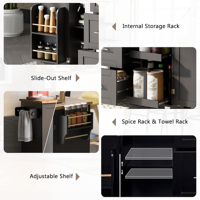 Kitchen Island, Rolling Storage Cabinet With 3 Drawers, Spice Rack