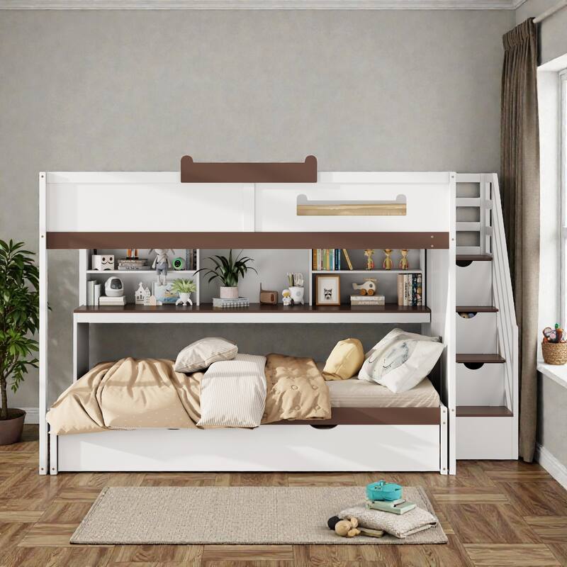 Full Over Full Bunk Bed with Twin Trundle, Staircase Storage Drawers, Shelves and LED Lighting, Kids Bunk Bed - White - Full