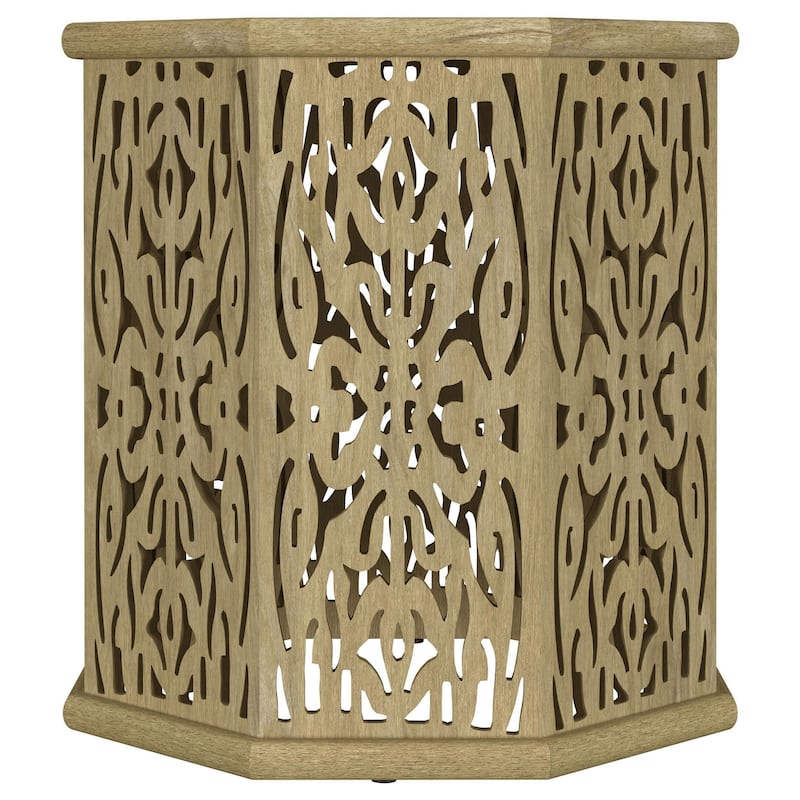 Ores Accent Side Table with Intricate Carvings, Brown Mango Wood
