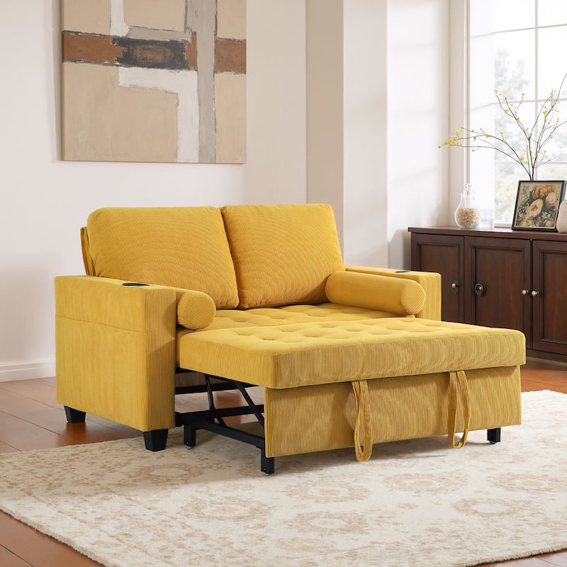 Corduroy Convertible Loveseat Sofa Bed Recliner with Cup Holder, USB Ports & Storage