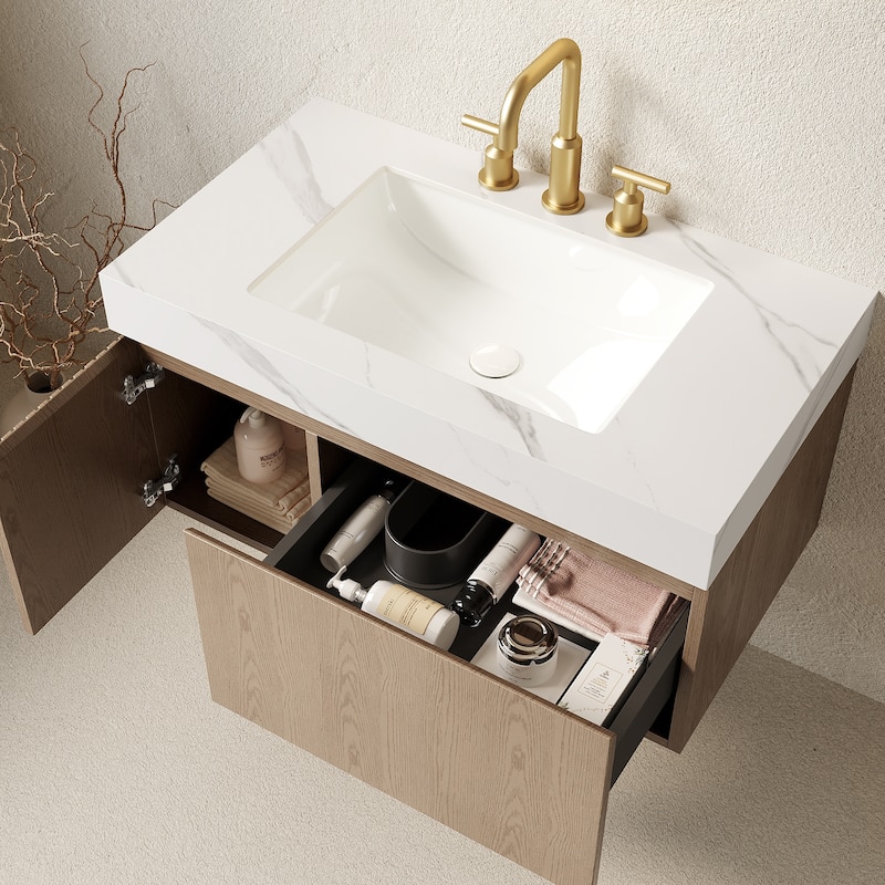 Floating Bathroom Vanity with Sintered Stone Top & Undermount Ceramic Basin with Three Pre-drilled Faucet Holes