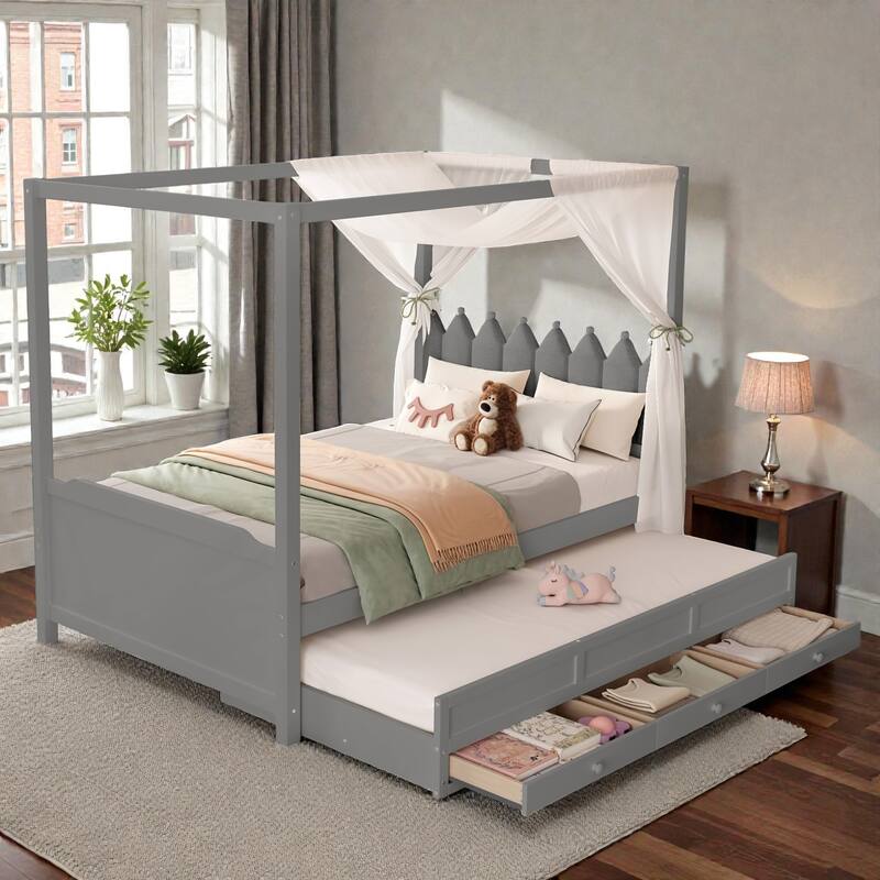 Princess Canopy Platform Bed with Upholstered Headboard, Trundle and 3 Drawers, Kids House Bed Frame with Storage