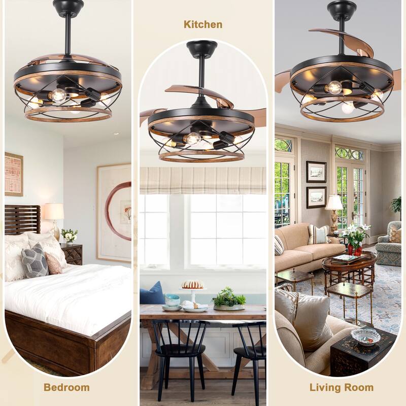 Bella Depot 42" Rustic Retractable Wood Ceiling Fan with Light and Remote 6-Speed Reversible Fan