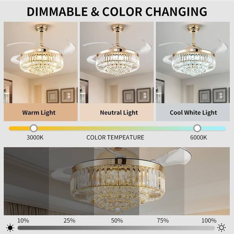 42'' Fandelier Ceiling Fan with Light, Retractable Chandelier Fan LED Dimmable Crystal Ceiling Fan for Bedroom Living Room