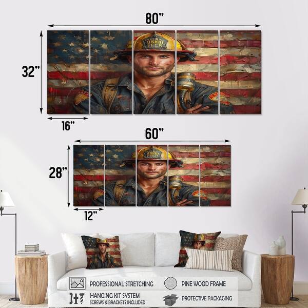 Designart - Patriot Firefighter Hero II - Fireman Canvas Wall Art Set ...