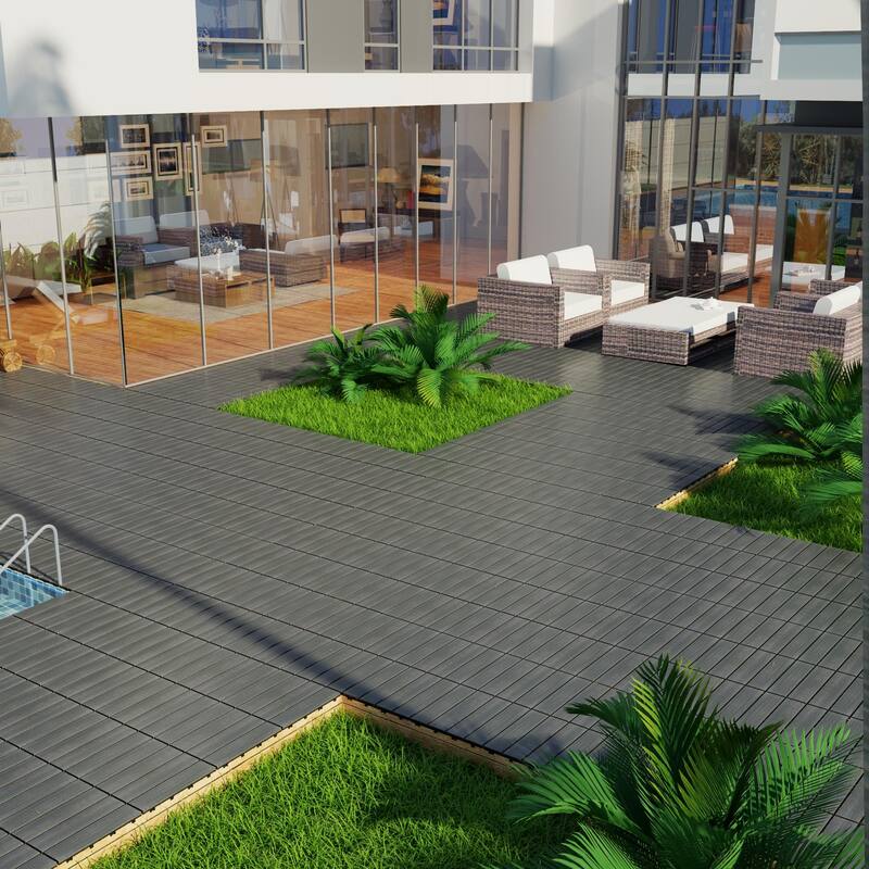 Patio Floor Tiles Pack of 22 WPC Wood-Plastic Composite Patio Deck Tiles DIY Interlocking Decking Tiles-11.8" ASH