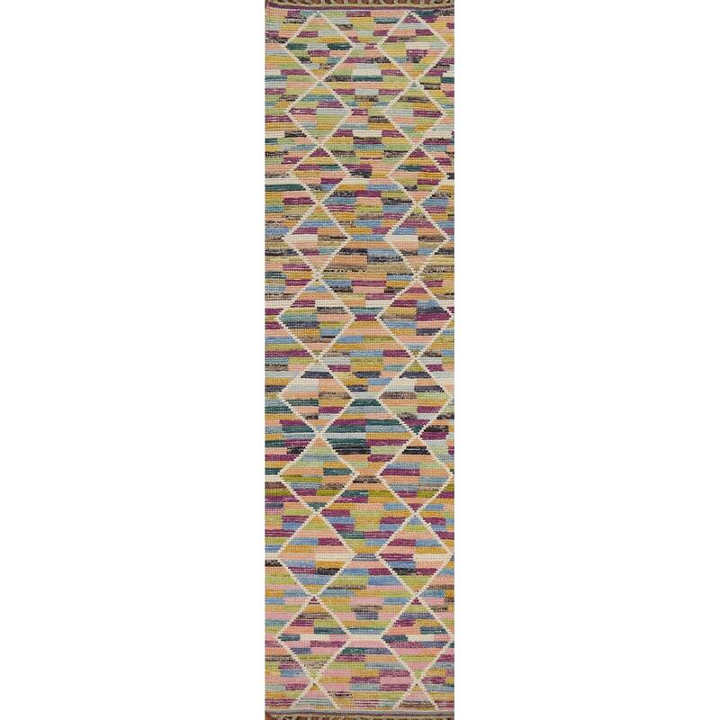 Hand Knotted Oriental 100% Wool Carpet Modern All-Over Multi-Colored Moroccan Runner Rug - 12' 9'' X 2' 5''
