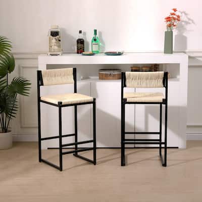 Honey Bar Stools Set of 2 Paper Rope Weave Dining Chairs with Back Hand Weave Stools for Kichen Island, Bar & Counter