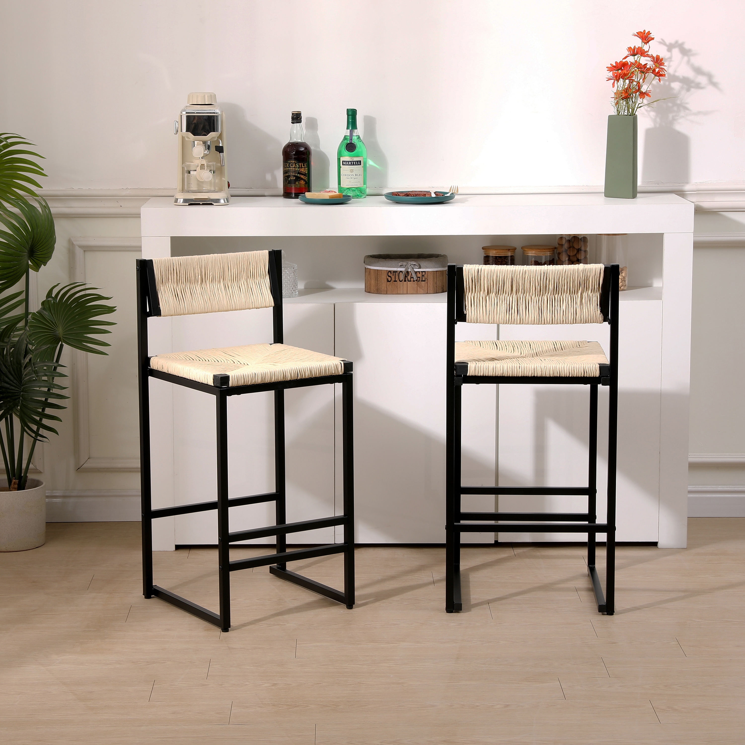 Rustic Set of 2 Bar Stools with X-Shaped Handwoven Paper Rope Seat, Metal Frame & Double Footrest Design by GDFStudio