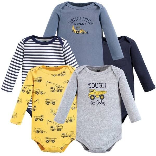 slide 1 of 1, Hudson Baby Infant Boy Cotton Long-Sleeve Bodysuits, Construction 0-3 Months - Construction 5-Pack