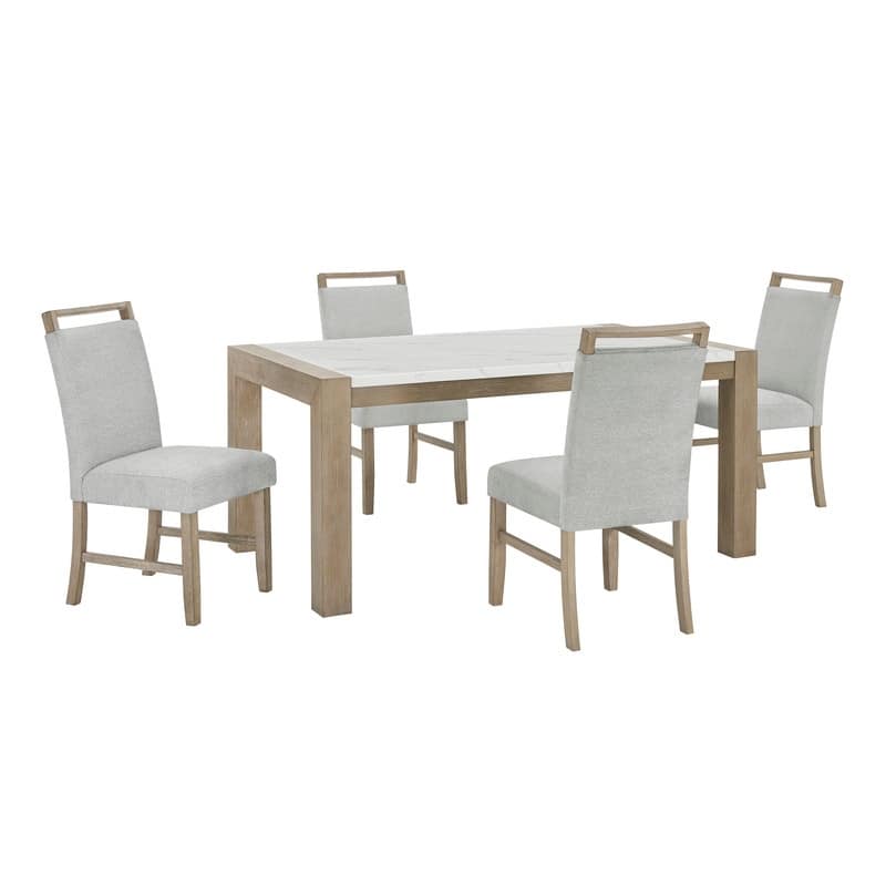 Tabitha 5Pc 66"W Rectangular White Faux Marble Top Dining Set in Light Oak Finish