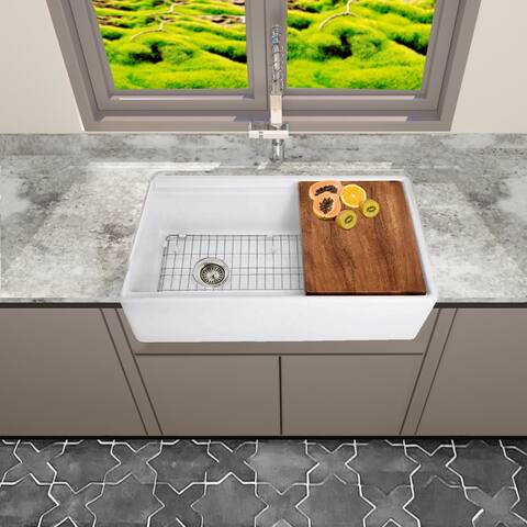 32.5 inch Fireclay Farmhouse Workstation Sink with Grid & Cutting Board - 32.5" x 19" x 10"