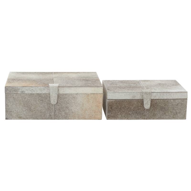 Gray, Silver or Gold Leather Handmade Cowhide Storage Box with Silver Foil Accents (Set of 2)