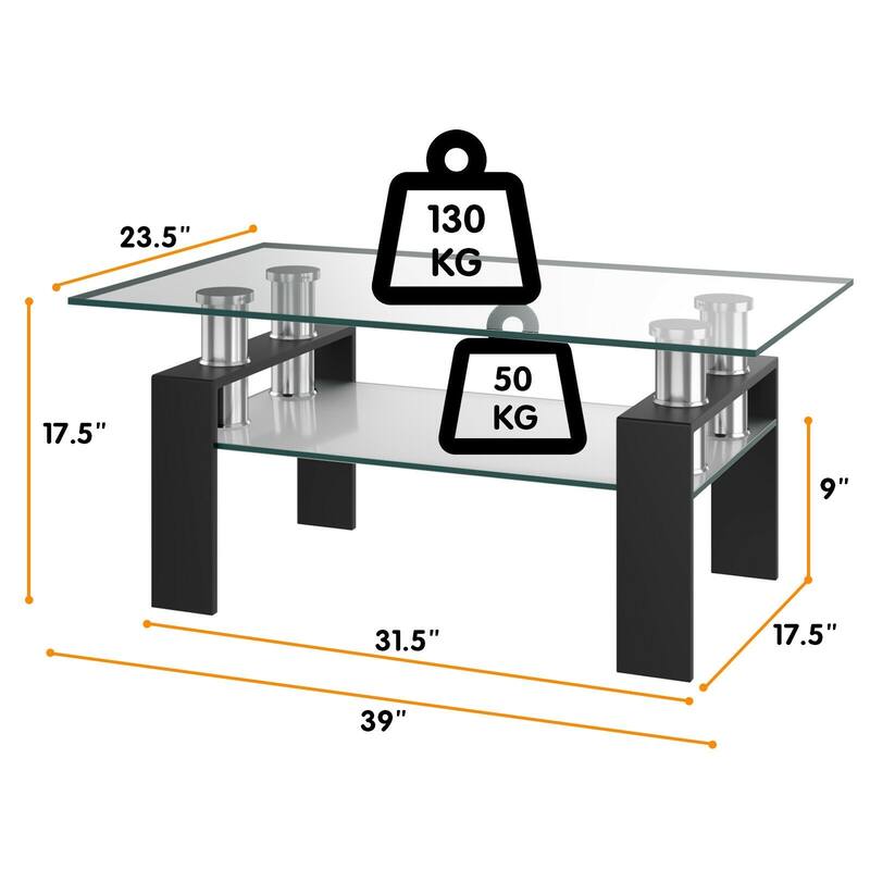 Rectangle Glass Coffee Table with Metal Legs for Living Room - 39" x 23.5" x 17.5"