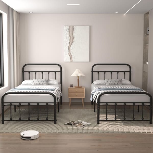 slide 2 of 22, VECELO Modern Metal Platform Kids Bed Frame,Twin Size Bed Set of 2 Black