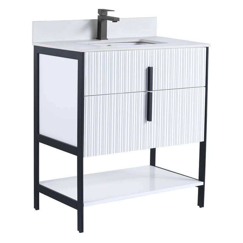 Fine Fixtures Serenity Modern Bathroom Vanity with White Stone Top - White Matte - Black Hardware - 30 inch