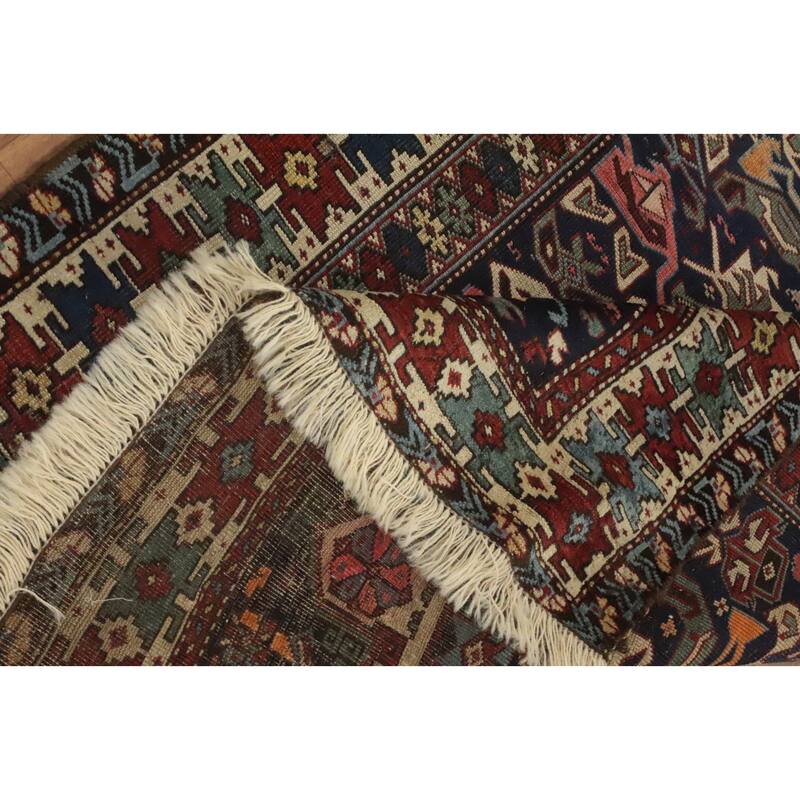 Hand Knotted Oriental 100% Wool Carpet Traditional Geometric Navy Blue & Blues Kazak Area Rug - 5' 2'' X 3' 10''
