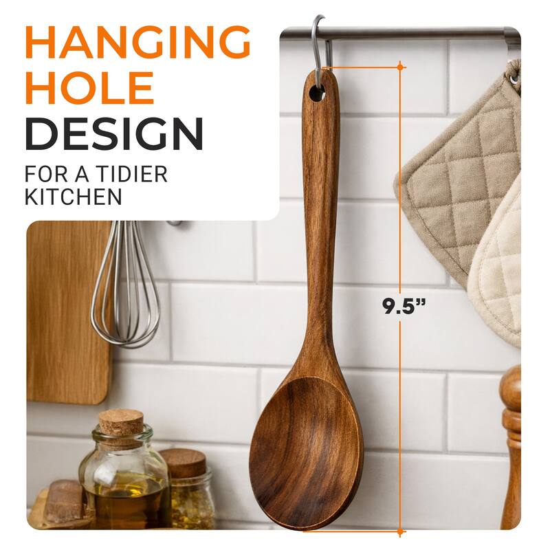 Cheer Collection Teak Wood Mixing Spoon with Deep Bowl and Hanging Loop