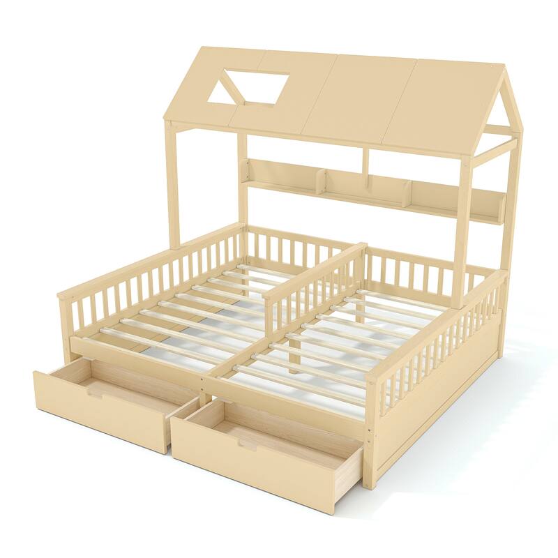 Double Twin Platform Bed with Storage Shelves and Drawers, House Platform Bed with Support Slats, Childlike