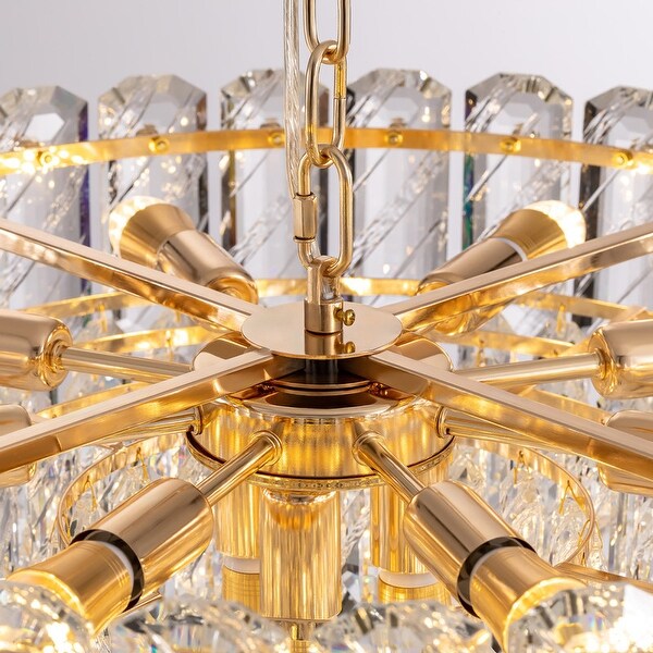 20 in. Drum Modern Gold Brass Crystal Chandelier 8 Light Round Pendant Lighting with Water Glass for Kitchen Island Dining Room Brass Chandelier