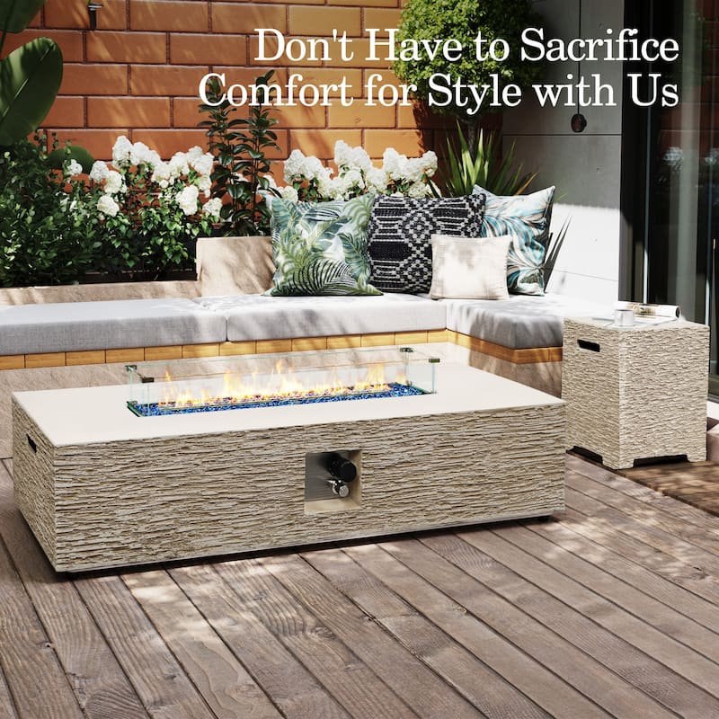 Patio Watcher 56in. Outdoor Rectangle Magnesium Oxide Fire Pit Table with Gas Tank Cover and Wind Guard