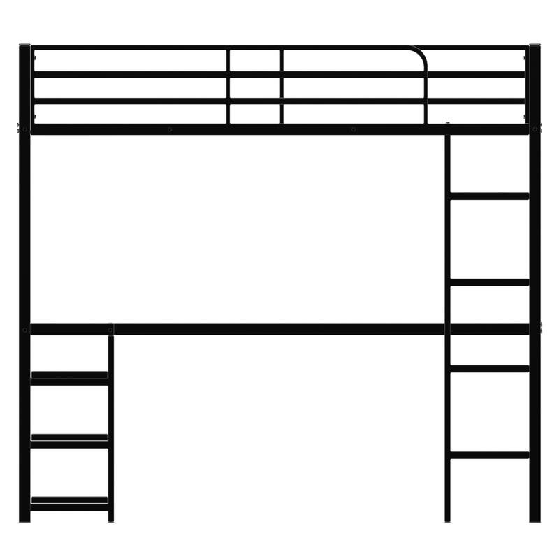 Full Size Loft Bed with L-Shaped Desk, Open Shelves, and Safety Guardrails, Heavy Duty Metal Frame, Black