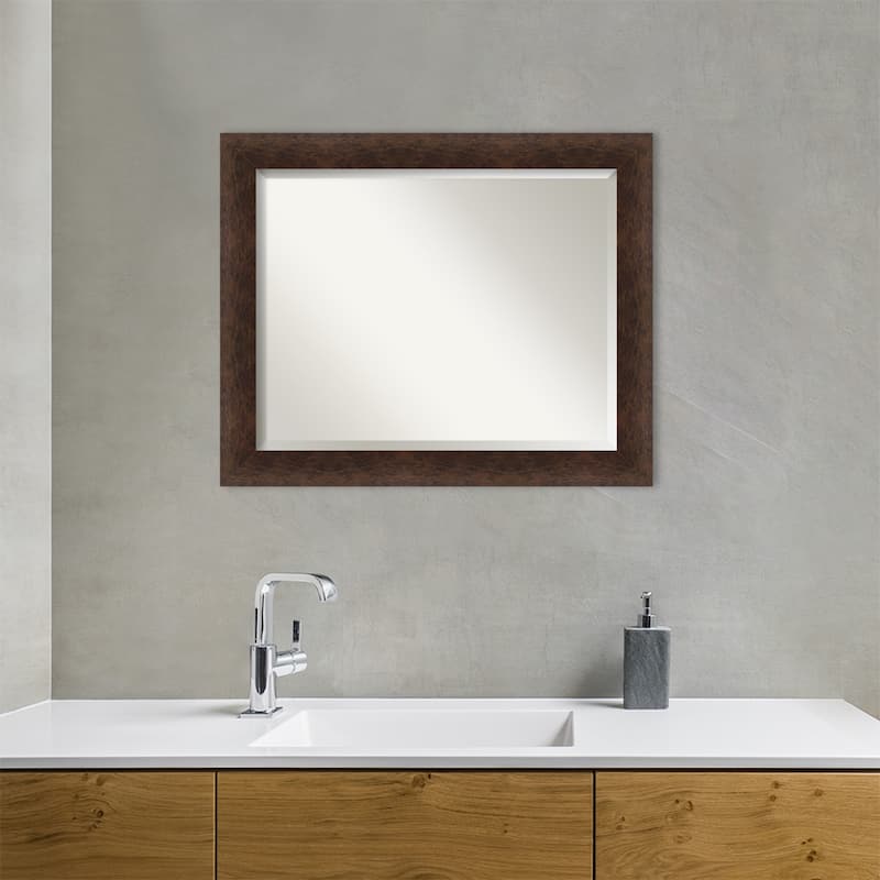 Warm Walnut Beveled Wood Framed Bathroom Vanity Wall Mirror - Warm Walnut