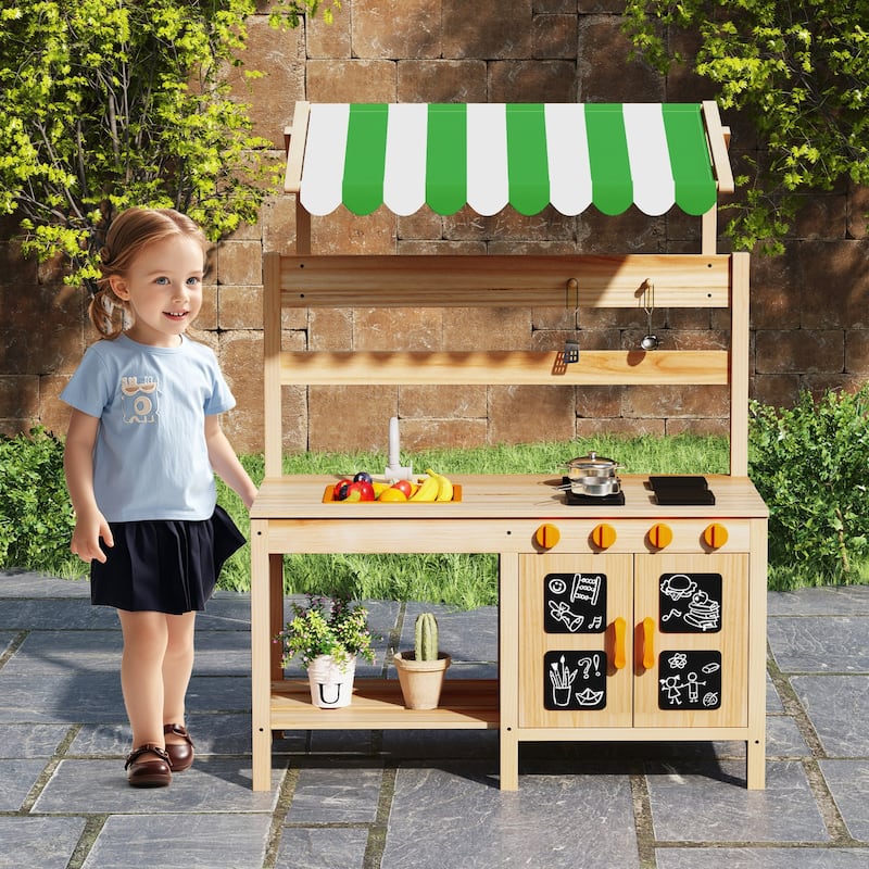 Gymax Kids Mud Kitchen Outdoor Wooden Pretend Play Kitchen w/ 4