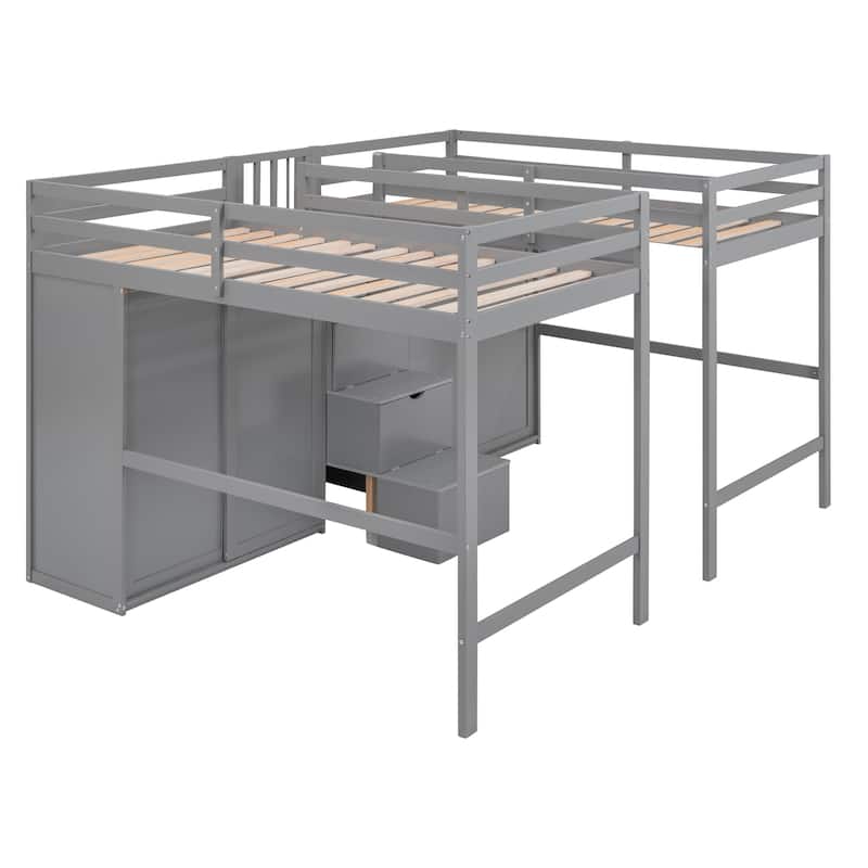 Double Twin Loft Beds with Wardrobes and Staircase