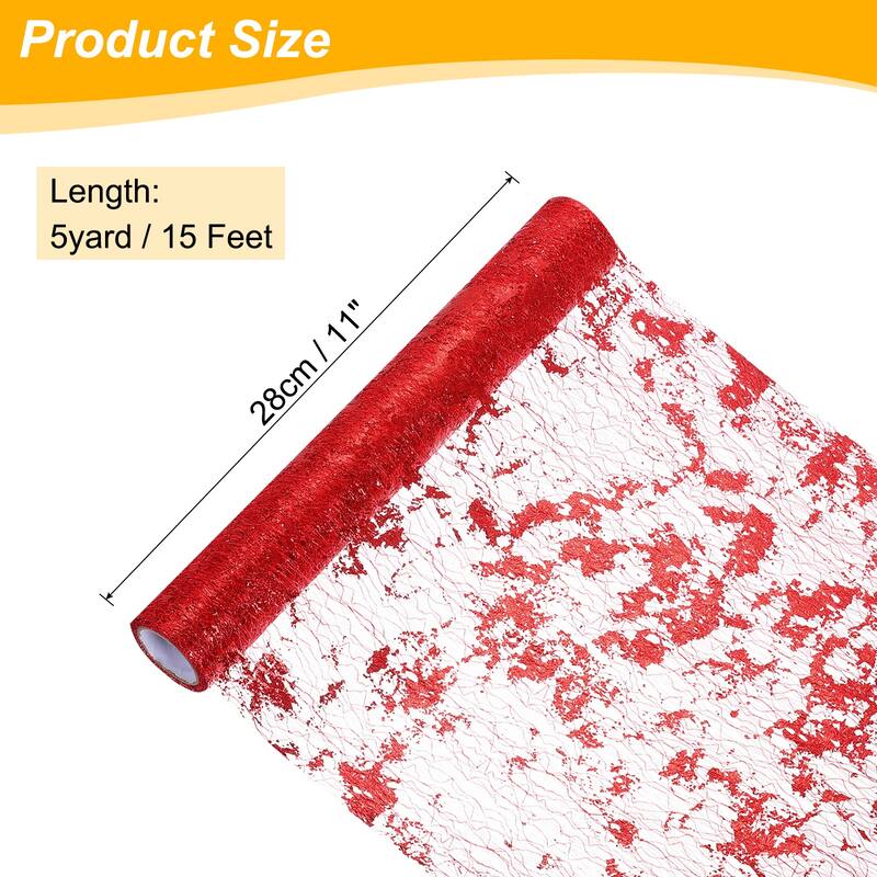 Table Runner, Sequin Gold Foil Thin Mesh Metallic Table Runner - Red - 15 Feet