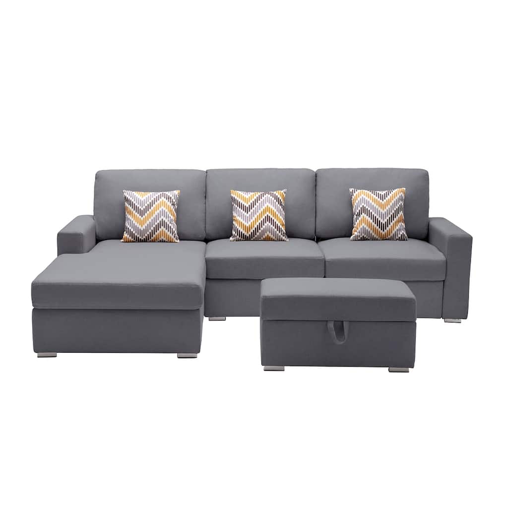 Linen Fabric 4 Piece Reversible Sofa Chaise with Interchangeable Legs and Storage Ottoman in Grey