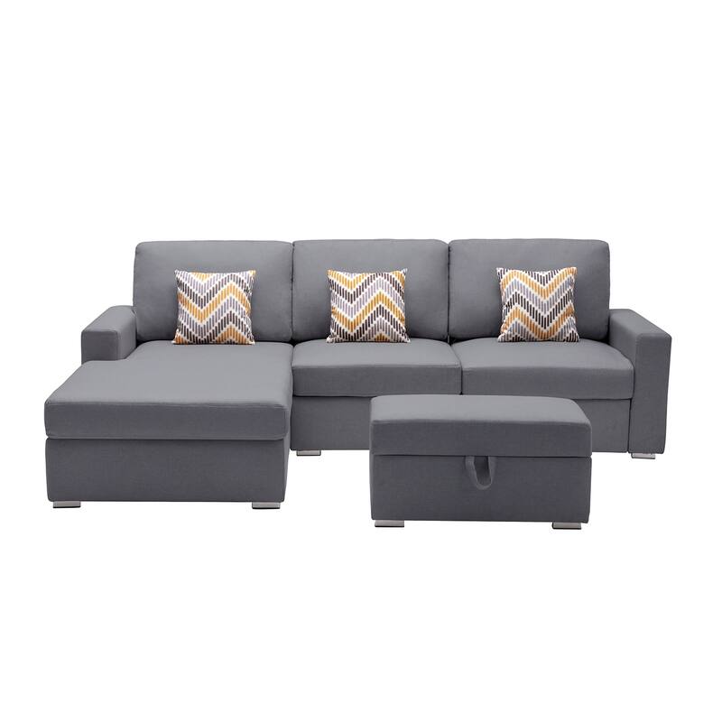 Linen Fabric 4 Piece Reversible Sofa Chaise with Interchangeable Legs and Storage Ottoman in Grey - 4 Piece - Gray