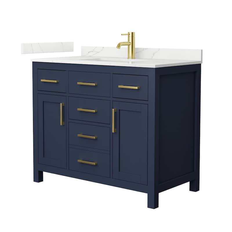 Wyndham Collection WCG2424-42S-QTZ-UNSMXX Beckett 42" Free Standing - Dark Blue / Giotto Quartz Top / Brushed Gold