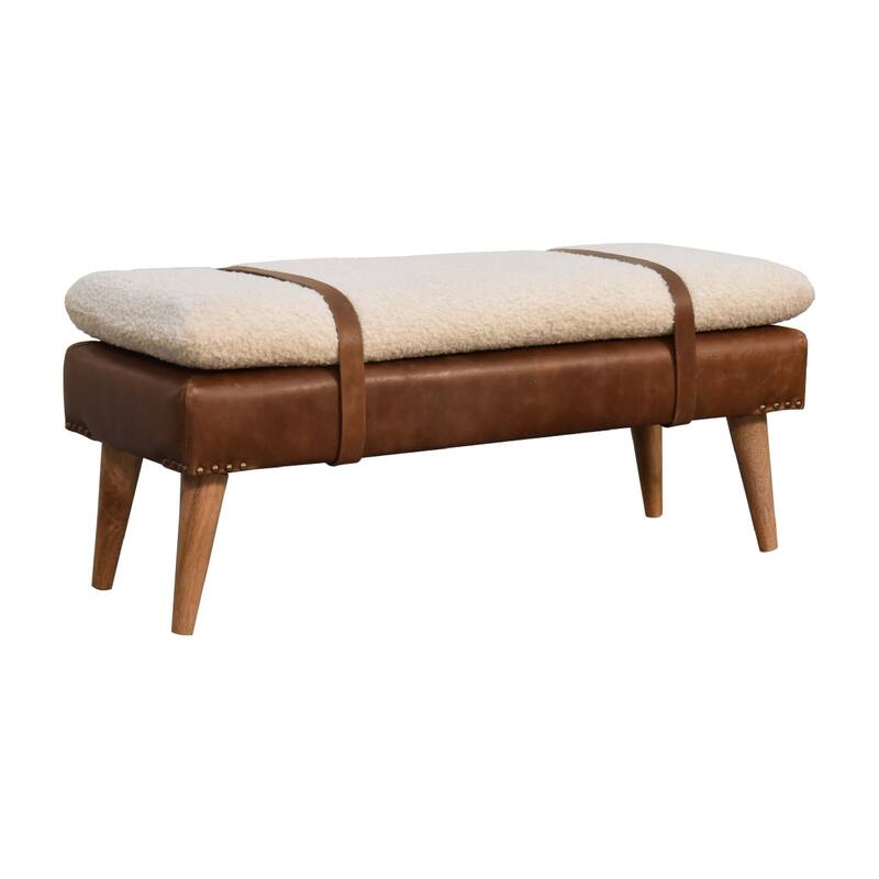 Artisan furniture soild wood,leather Boucle Buffalo Hide Leather Bench