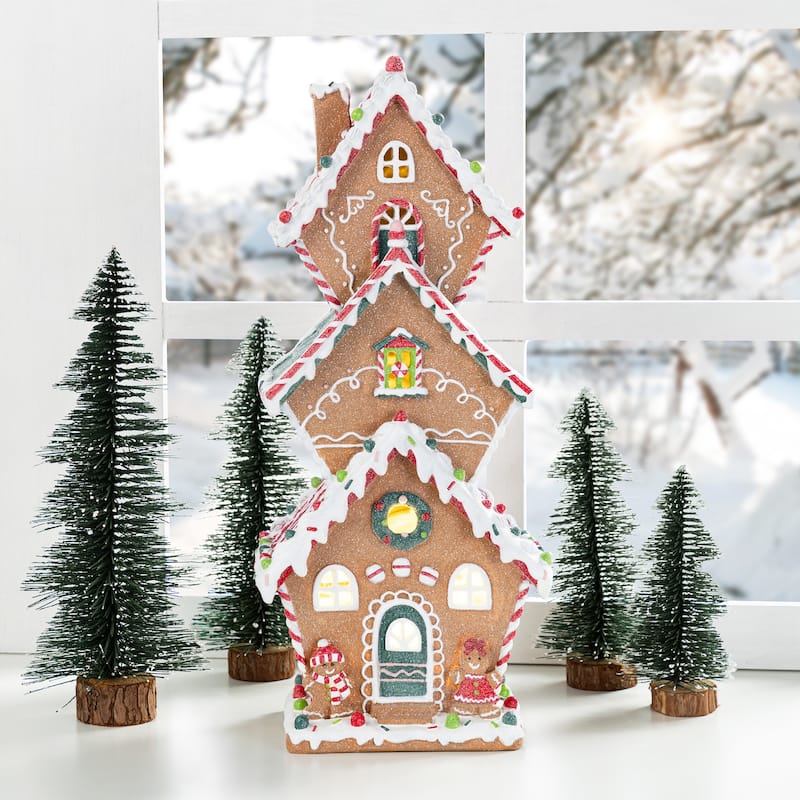 Glitzhome Lighted Christmas Gingerbread House Resin Village Xmas Table Decor Collectible Figurines