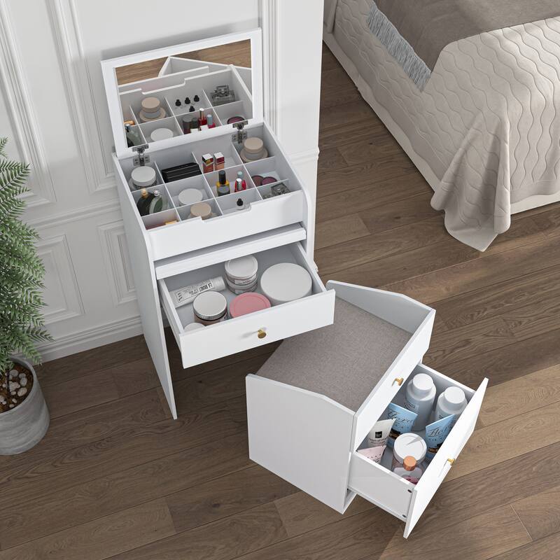 Anmytek Multifunctional Storage Unit White Vanity Desk with Mirror,Chair, Drawers for Small Spaces