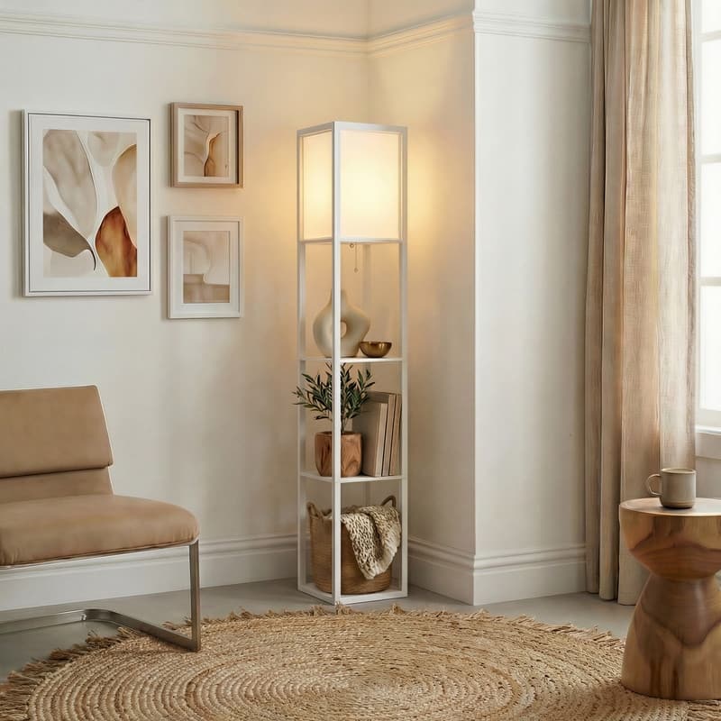 Brightech Maxwell 63 in. White Traditional LED Super Bright 3-Shelf Floor Lamp with White Fabric Square Shade